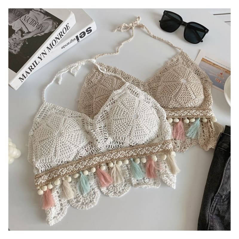 Halter Tassel Crochet Knit Bralette