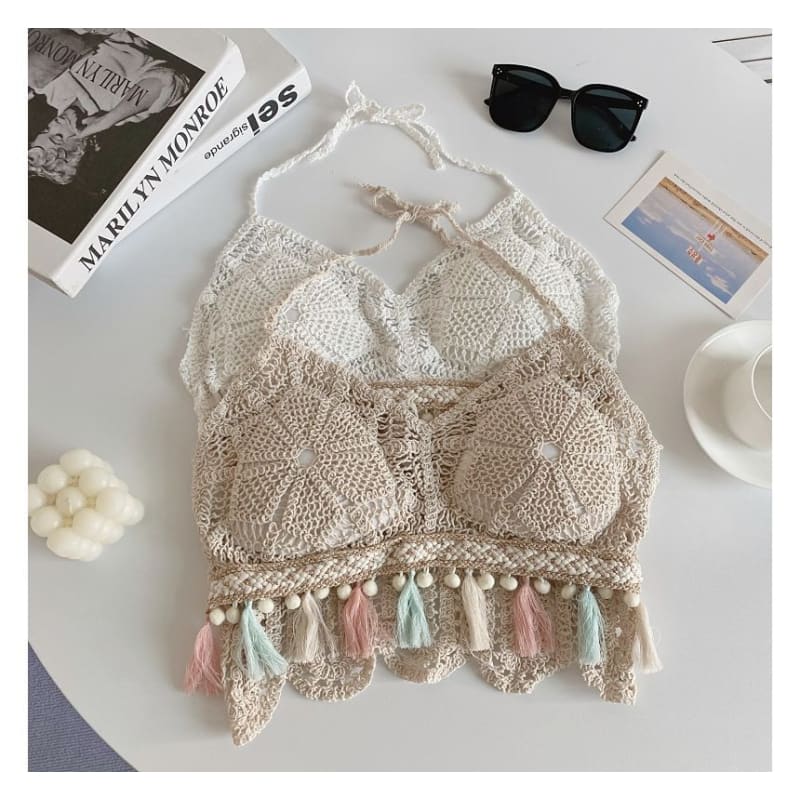 Halter Tassel Crochet Knit Bralette