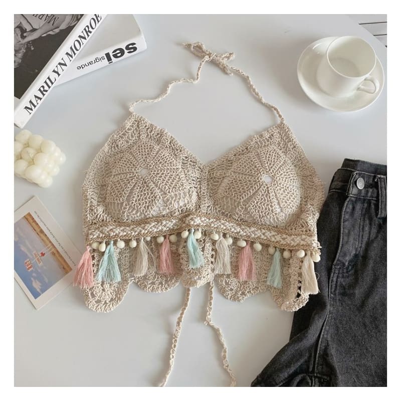 Halter Tassel Crochet Knit Bralette