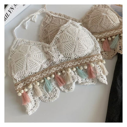 Halter Tassel Crochet Knit Bralette