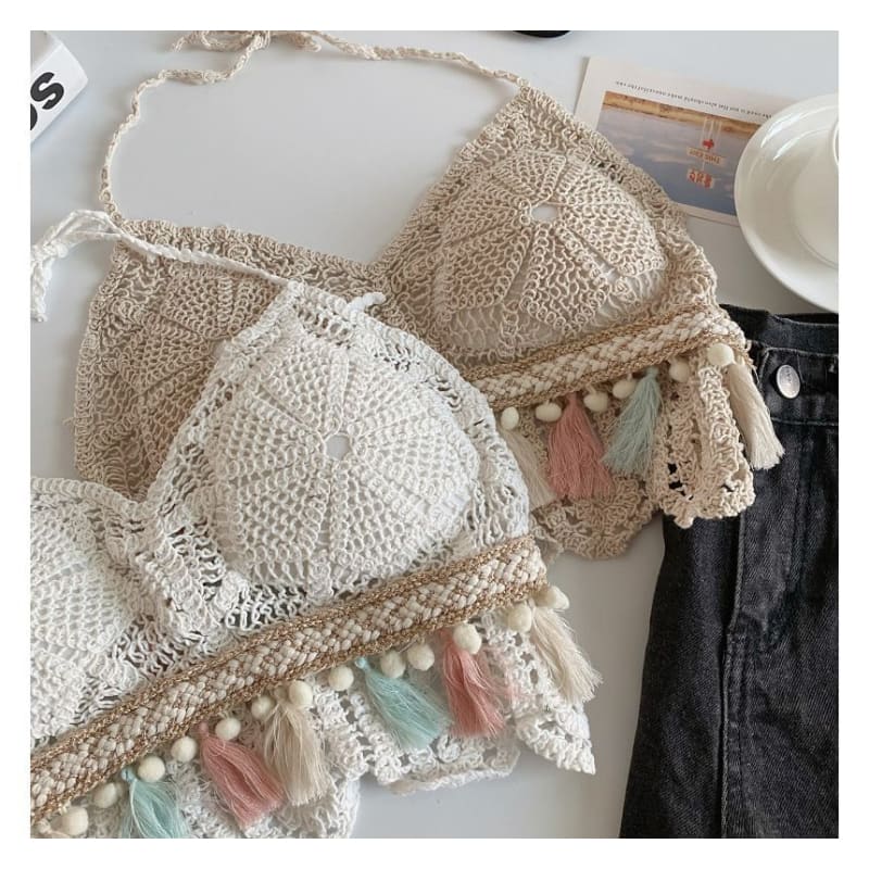 Halter Tassel Crochet Knit Bralette