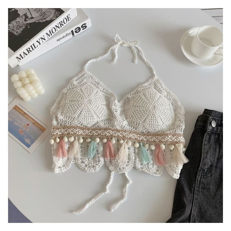 Halter Tassel Crochet Knit Bralette