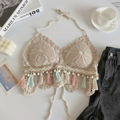 Halter Tassel Crochet Knit Bralette - Almond / One Size