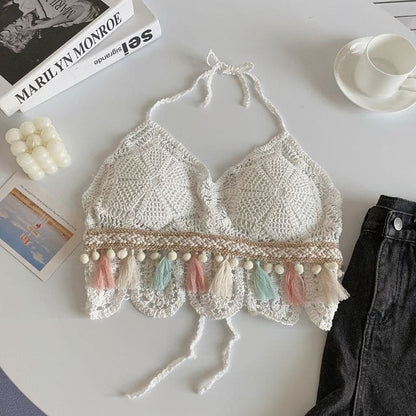 Halter Tassel Crochet Knit Bralette - White / One Size