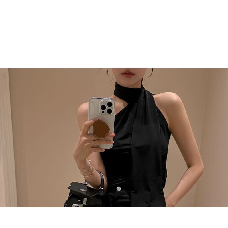 Halter Turtleneck Plain Asymmetrical Slim Fit Top