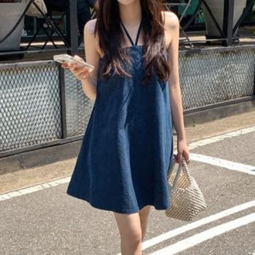 Halter Washed Mini A-Line Denim Dress