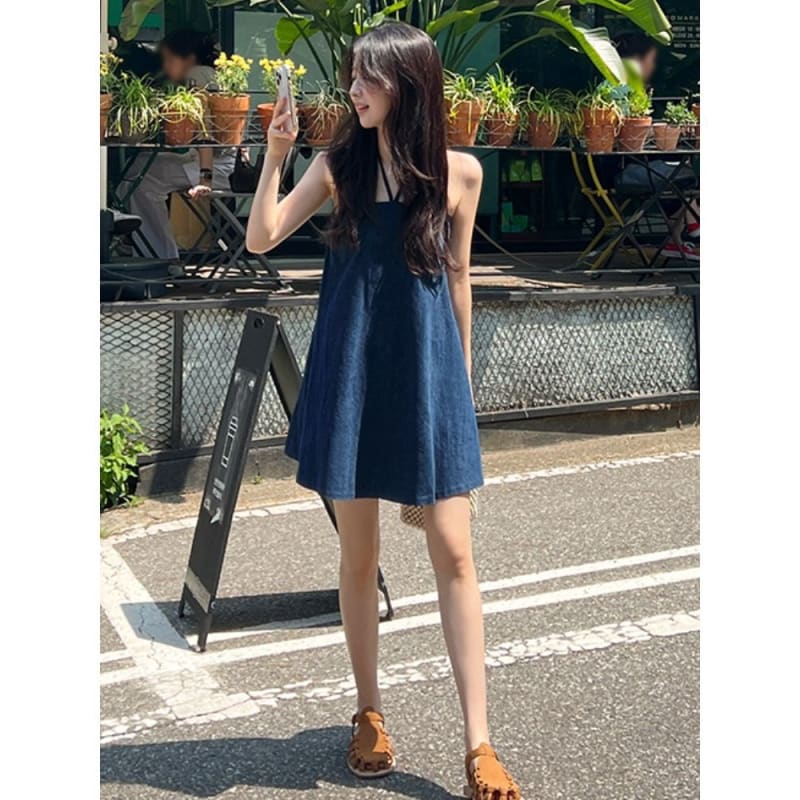 Halter Washed Mini A-Line Denim Dress