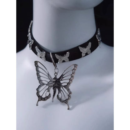 Handmade Metal Butterfly Pendant Black Choker - Black