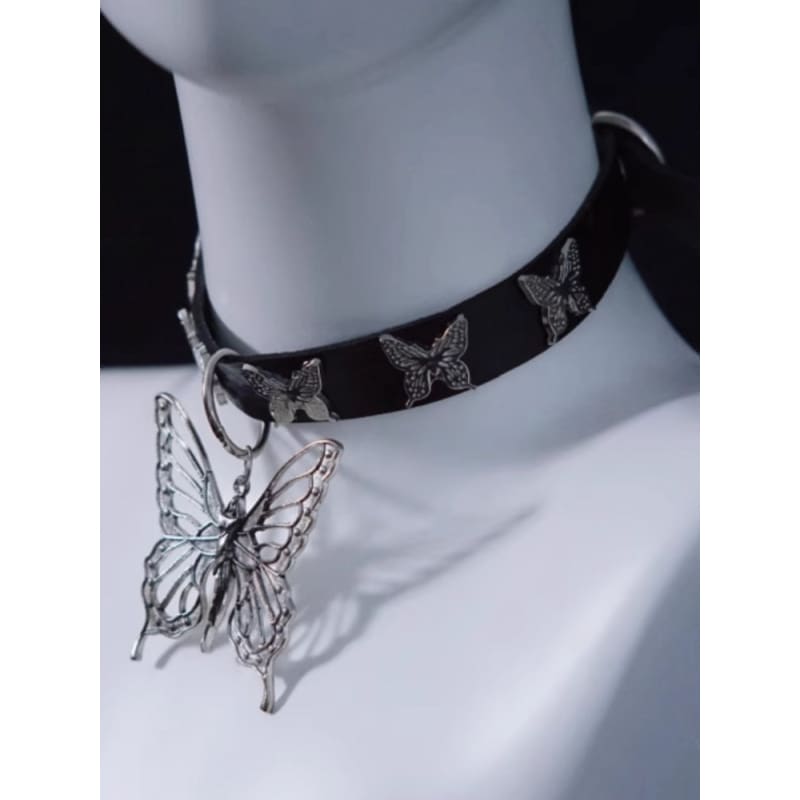 Handmade Metal Butterfly Pendant Black Choker - Black