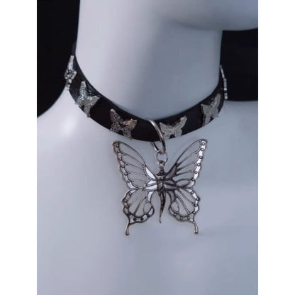 Handmade Metal Butterfly Pendant Black Choker - Black