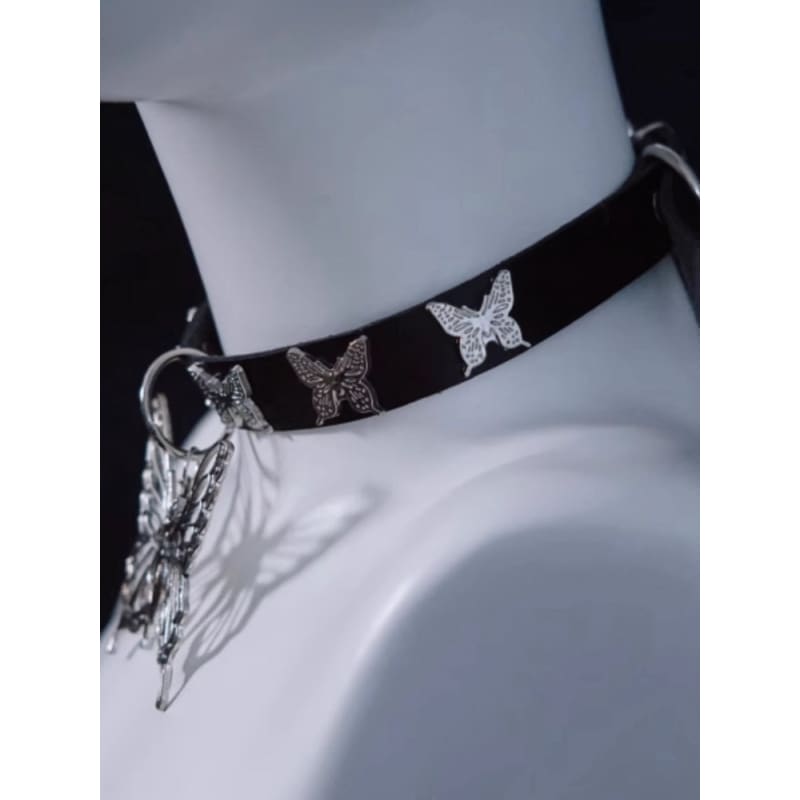 Handmade Metal Butterfly Pendant Black Choker - Black