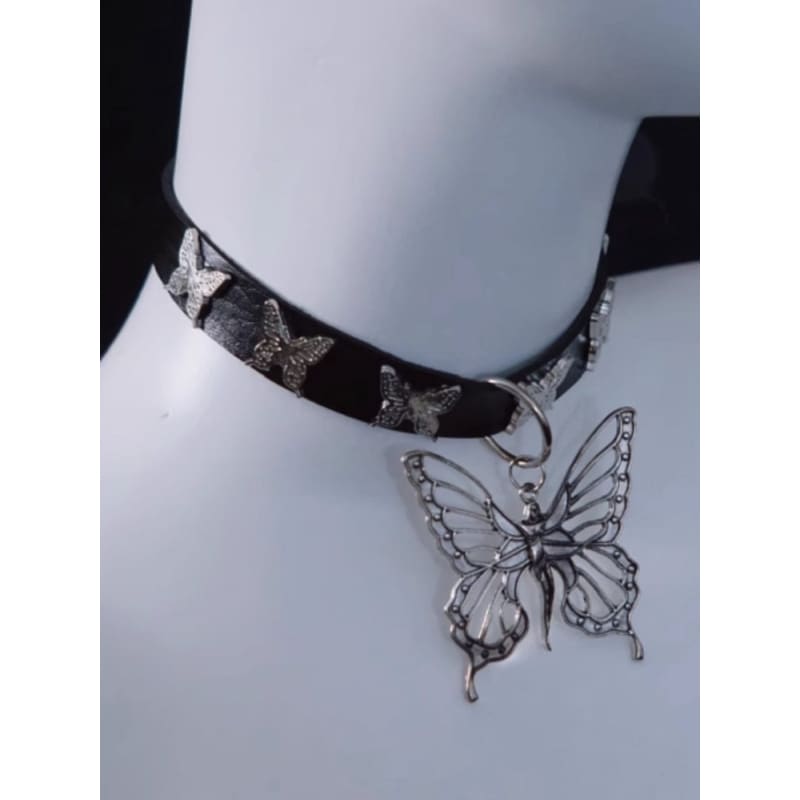 Handmade Metal Butterfly Pendant Black Choker - Black