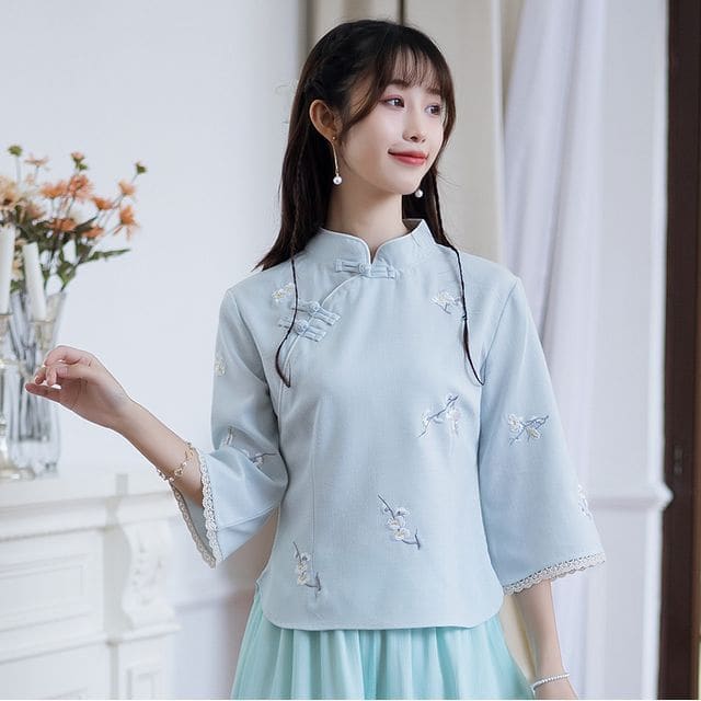 Hanfu Embroidered Top - Light Blue / M