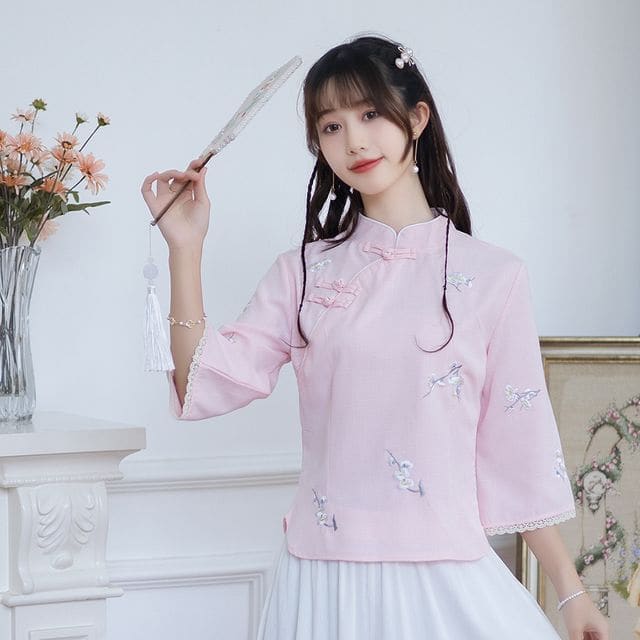 Hanfu Embroidered Top - Light Pink / M