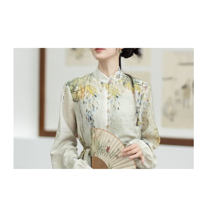 Hanfu Floral Long Cardigan / Plain Camisole Top / Wide Leg