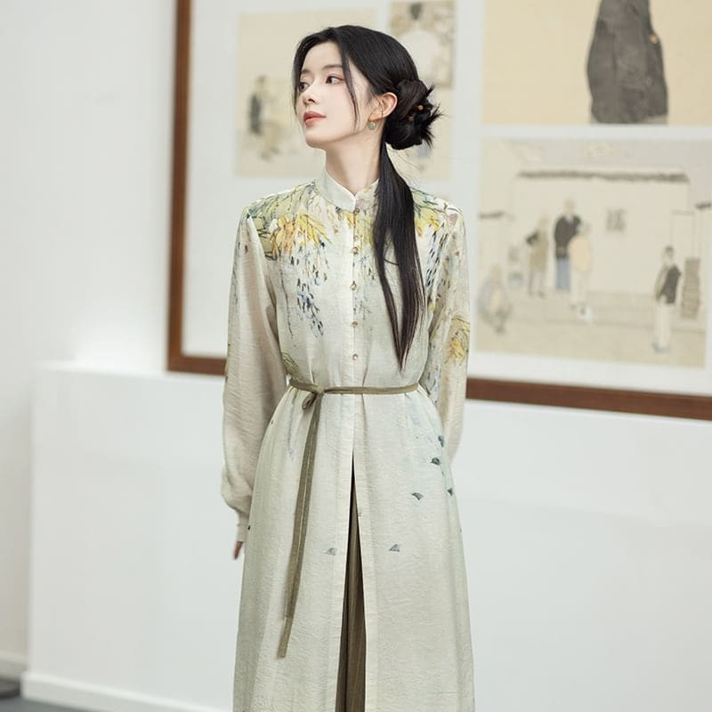 Hanfu Floral Long Cardigan / Plain Camisole Top / Wide Leg