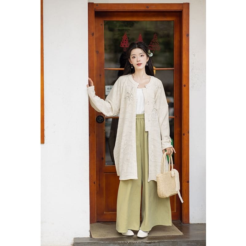 Hanfu Flower Open Front Jacket / Wide Leg Pants / Set