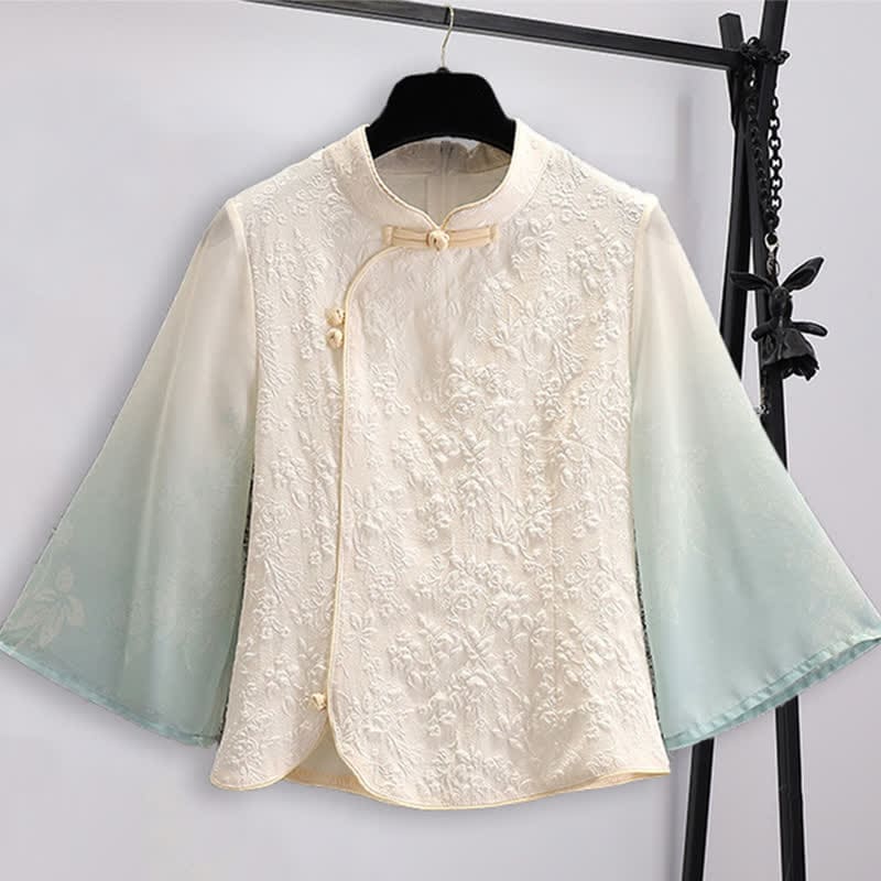 Hanfu Jacquard Buckle Shirt Pleated Skirt - Apricot Shirt