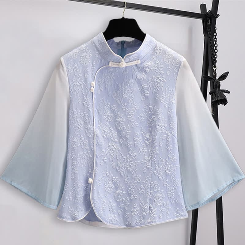 Hanfu Jacquard Buckle Shirt Pleated Skirt - Blue Shirt / M