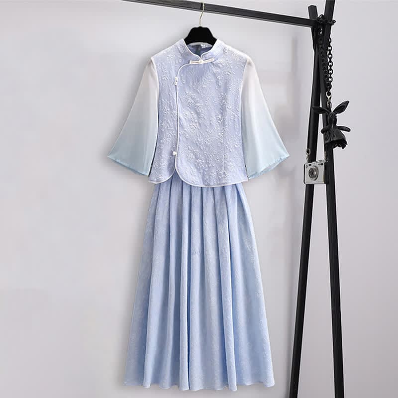 Hanfu Jacquard Buckle Shirt Pleated Skirt - Blue Set / M