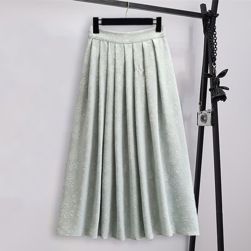 Hanfu Jacquard Buckle Shirt Pleated Skirt - Green Skirt