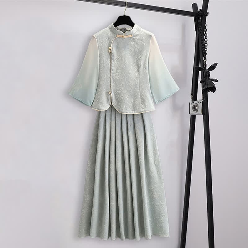 Hanfu Jacquard Buckle Shirt Pleated Skirt - Green Set / M