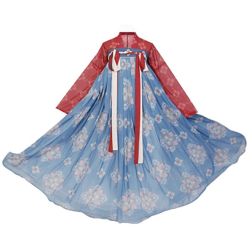 Hanfu Vintage Flower Print Set - Blue / M