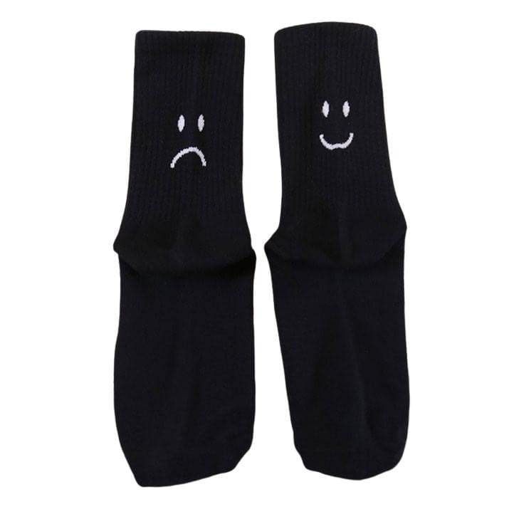 Happy and Sad Face Print Socks - Black - Socks