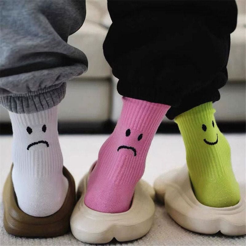 Happy and Sad Face Print Socks - White - Socks