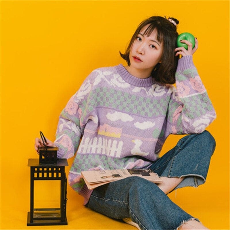 Harajuku Cartoon Duck Embroidery Knitted Sweater MK16745