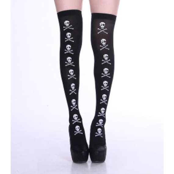 Harajuku Gothic Punk Skull Printed Black Thin Socks MK17187