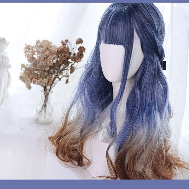 Harajuku Lolita Blue Brown Gradient Long Curly Wig MM2221