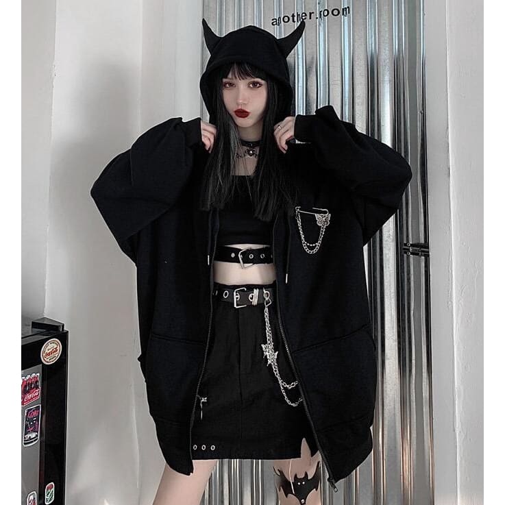 Harajuku Punk Gothic Black Devil Horn Hoodie MK16518