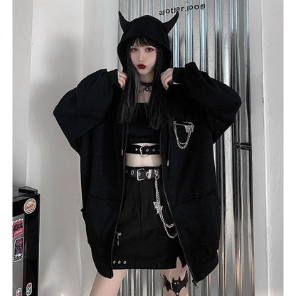 Harajuku Punk Gothic Black Devil Horn Hoodie MK16518