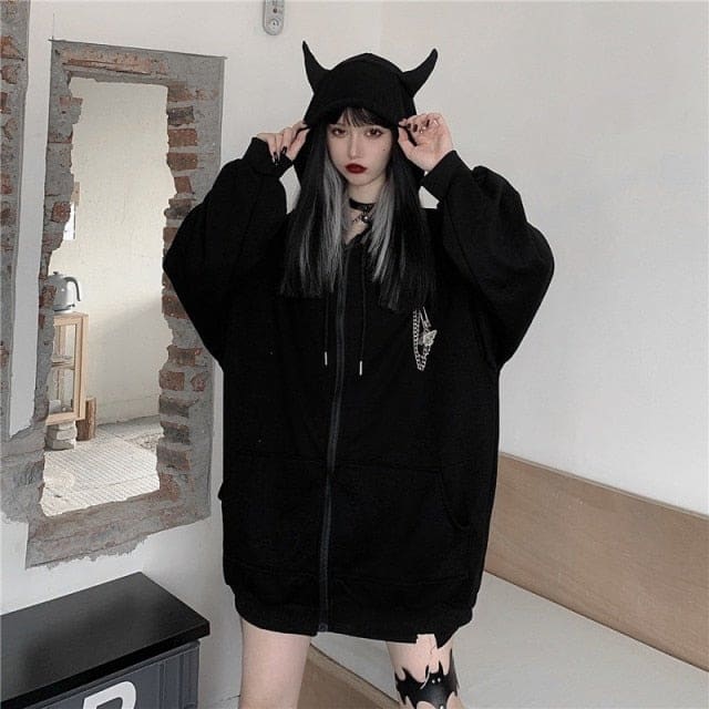 Harajuku Punk Gothic Black Devil Horn Hoodie MK16518