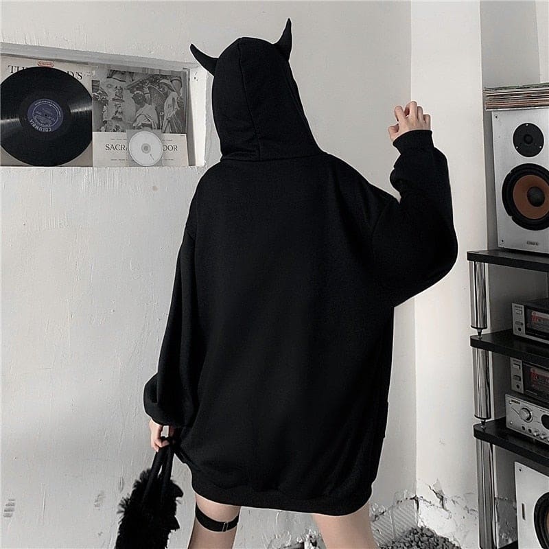 Harajuku Punk Gothic Black Devil Horn Hoodie MK16518