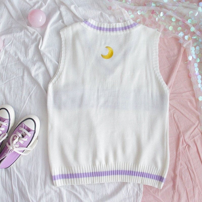 Harajuku White Purple Kawaii Letter Moon Knitted Vest BM068