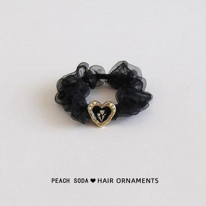 Heart Alloy Mesh Scrunchie - Black / One Size