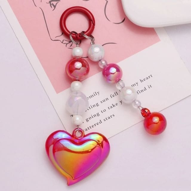 Heart Bead Acrylic Bag Charm Keyring Phone - Q1306-2 - Red