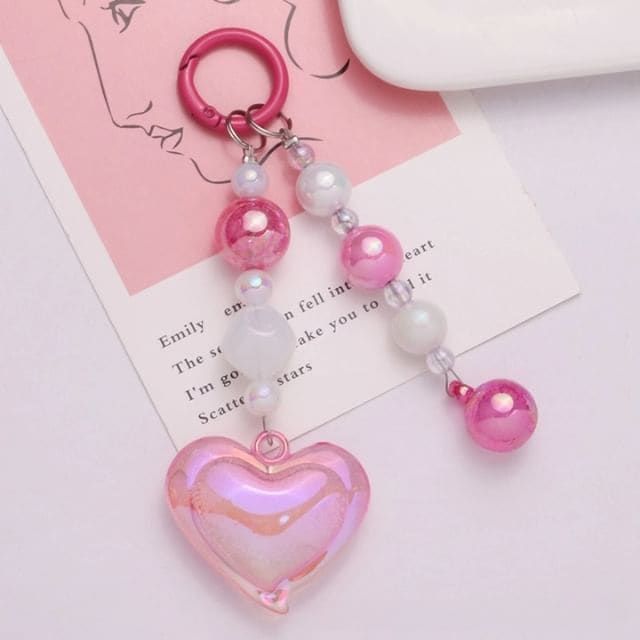 Heart Bead Acrylic Bag Charm Keyring Phone - Q1306-3 - Pink