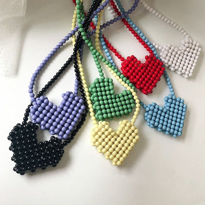 Heart Beaded Woven Handbag - Handbags