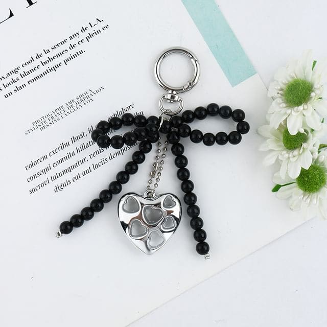 Heart Bow Bead Keyring - Q1640-1 - Black & Silver / One Size