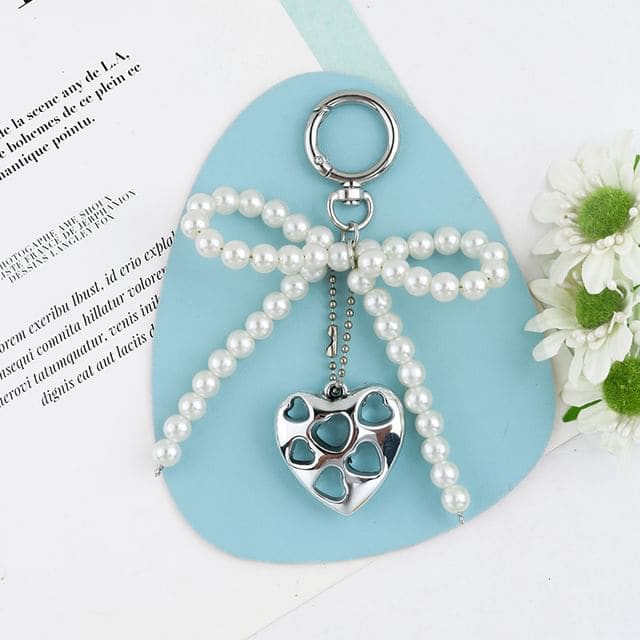 Heart Bow Bead Keyring - Q1640-3 - Silver & White / One Size