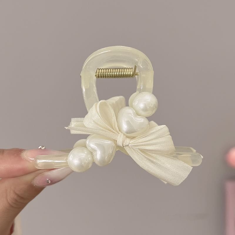 Heart Bow Faux Pearl Hair Claw