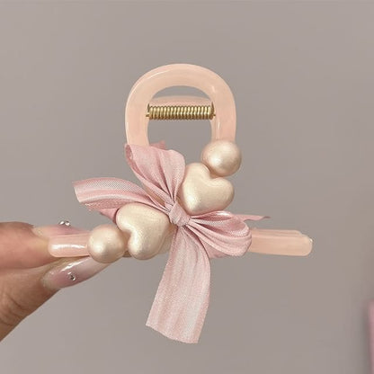 Heart Bow Faux Pearl Hair Claw - Pink / One Size