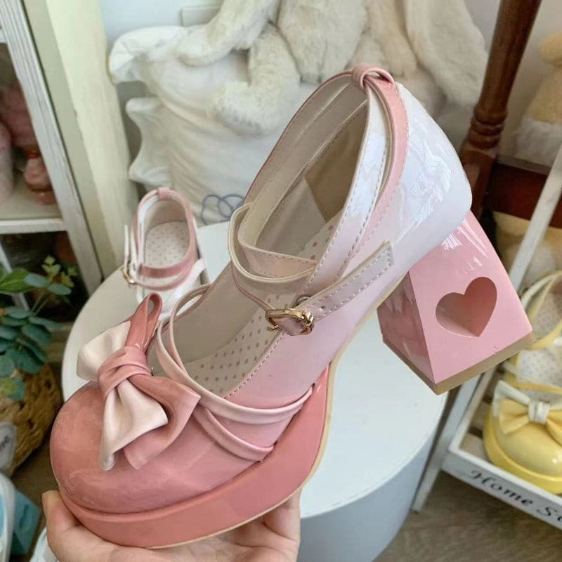 Heart Bow Lolita Heels - Pink / 35/US5.5