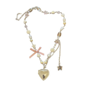 Heart Bow Pearl Pendant Necklace - Standart / Pink