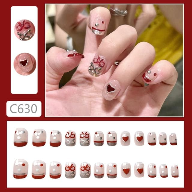 Heart Bow Press On Nail - C630 - Glue Edition - Red & Pink