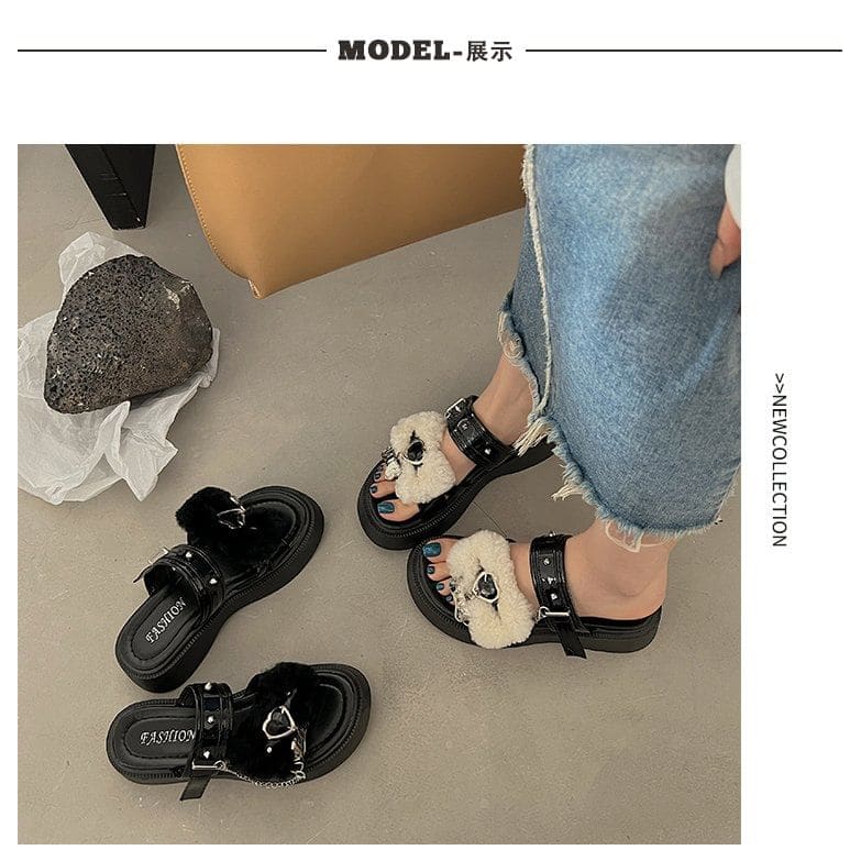 Heart Buckled Studded Platform Slide Sandals