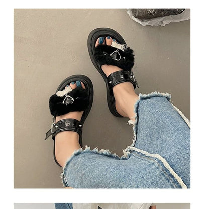 Heart Buckled Studded Platform Slide Sandals